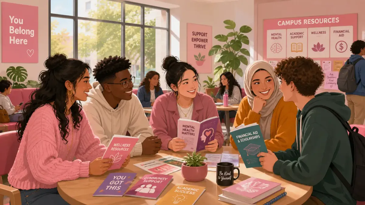 A diverse group of college students gathered in a bright campus common room, engaged in conversation around a table with resource pamphlets