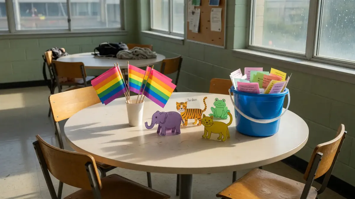 Round campus table with small Pride flags, animal tent cards, and a blue pail of folded paper prompts, empty chairs, afternoon union light, no logos