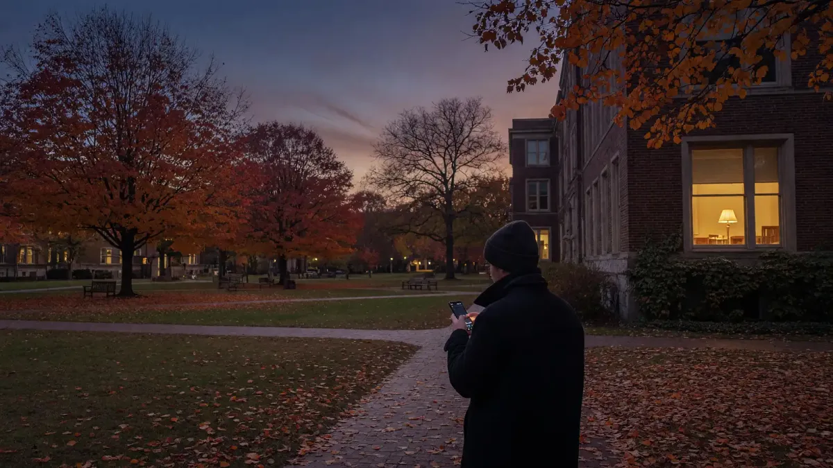 Quiet campus quad at dusk with a phone in someone's hand, warm window light from a counseling office, no readable logos