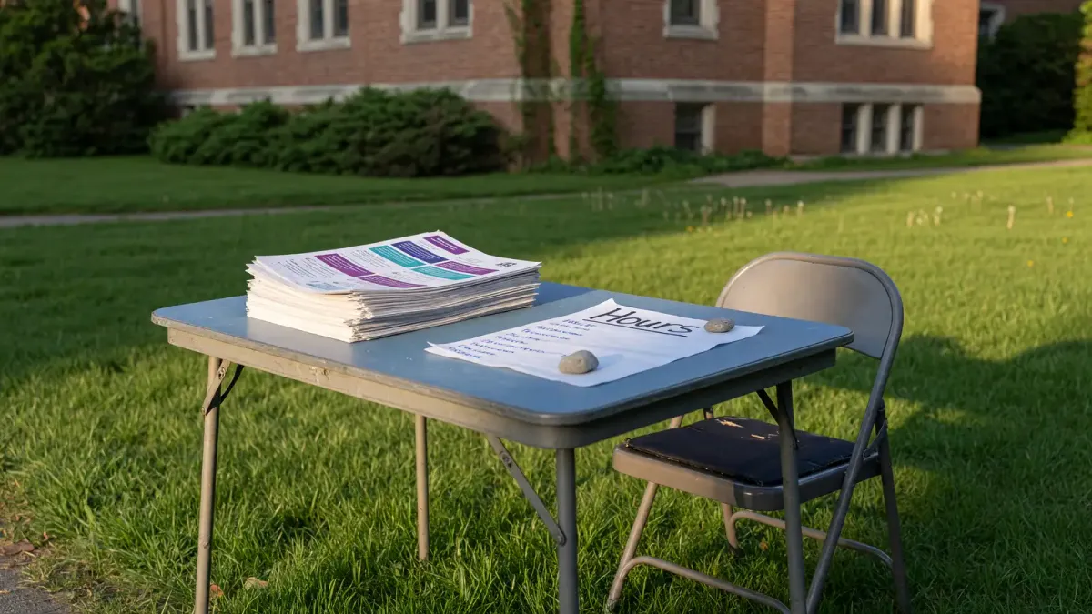 Folding table with printed resource flyers and a paper hours sheet on a campus lawn, late afternoon, no logos
