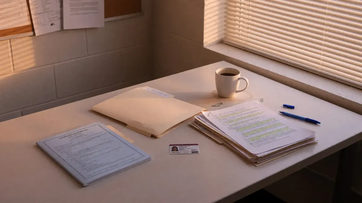 Campus office table with a printed Title IX policy, a redacted agreement, and a student ID, late afternoon window light