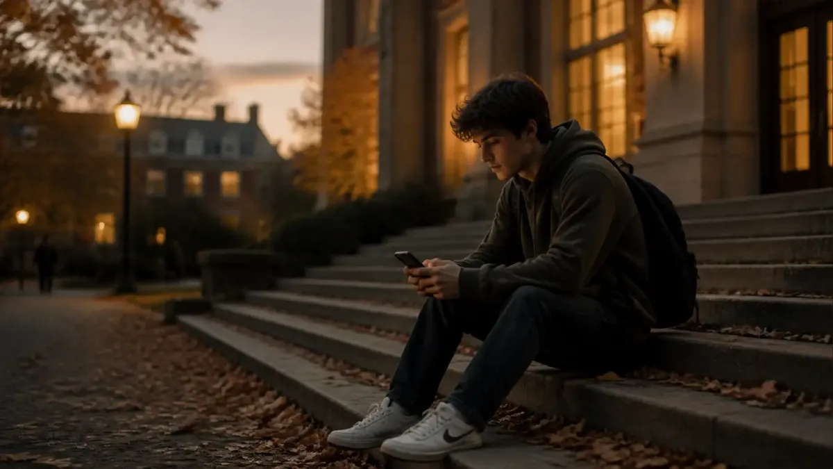 A student sitting alone on campus steps at dusk, holding a phone, with warm light from a nearby building in the background