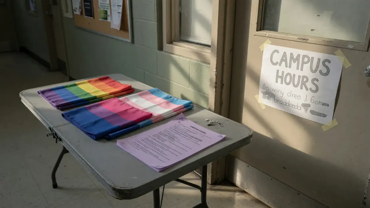 Folded pride flags on a folding table next to a printed campus hours sheet and a paper door sign, late afternoon light, no logos