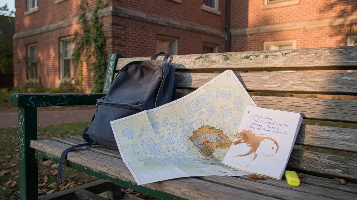 Student on a campus bench with a printed campus map and a notebook, late afternoon light, no logos