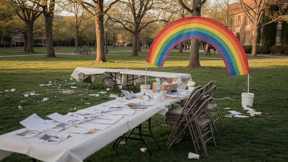 Campus grove tables under a paper rainbow arch late afternoon, empty folding chairs stacked after a conference, no logos