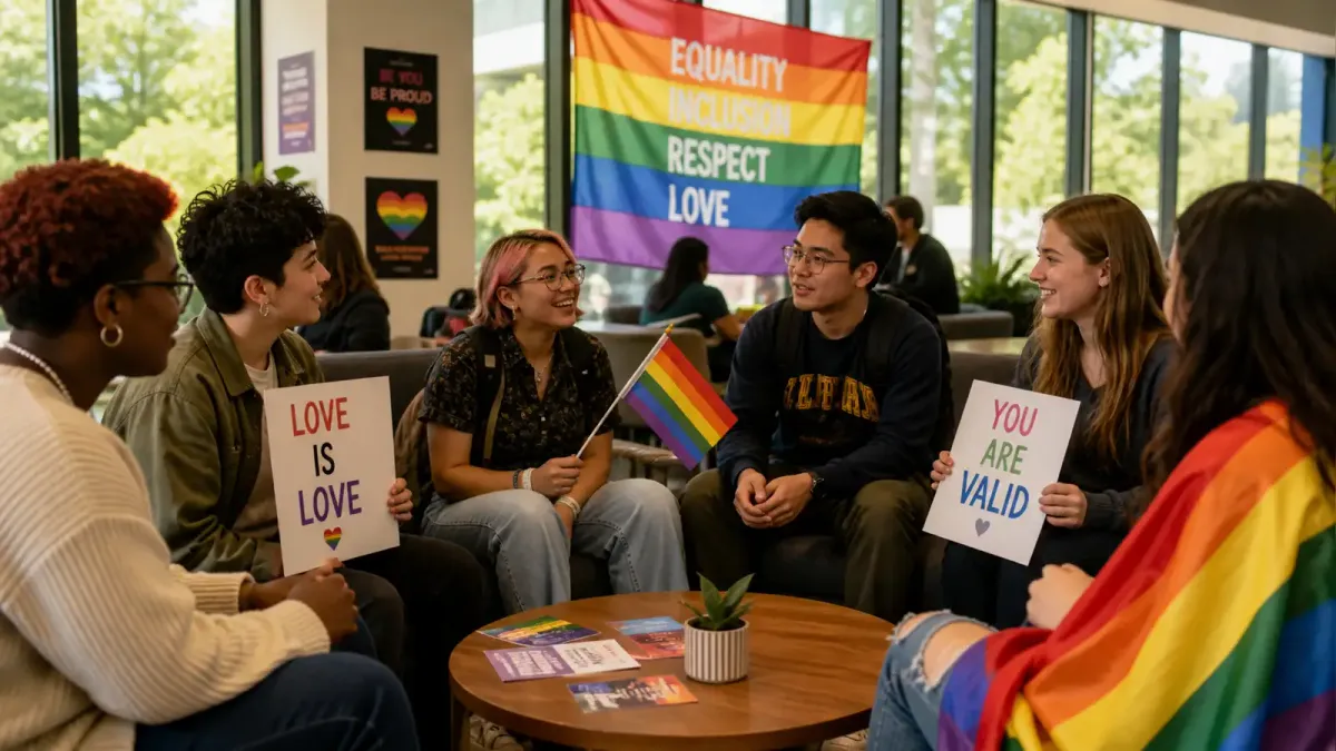 Students gathered in a classroom with rainbow flags and support posters