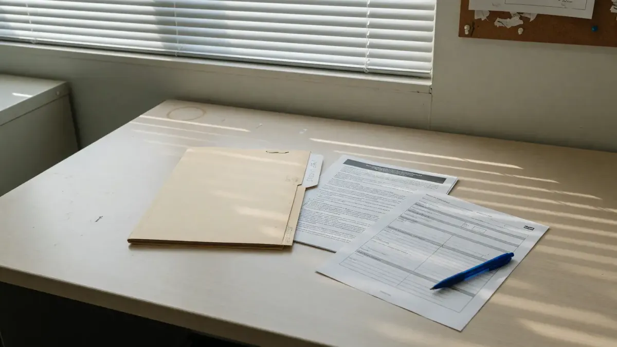 Campus office desk with a closed manila folder, a FERPA handout, and a blank intake form, daylight through blinds, no logos