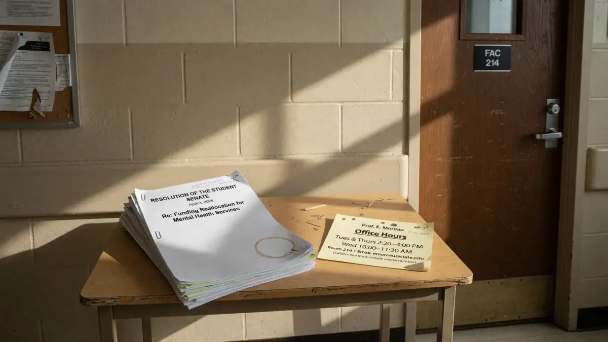 Printed student-government resolution on a table beside a campus resource-center hours sheet and a closed office door, afternoon hallway light, no logos