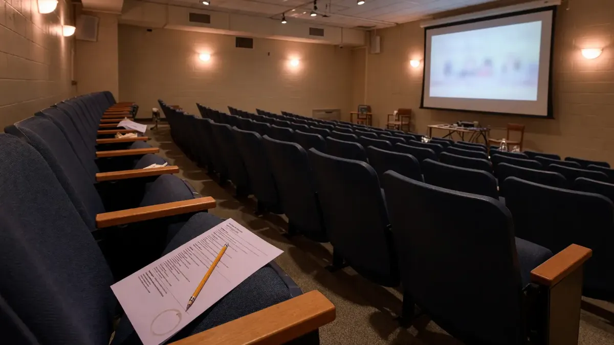 Campus auditorium seats facing a small screen with a paper festival schedule on an empty chair, evening house lights, no logos