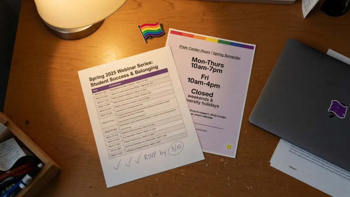 Printed Center Awareness Day webinar schedule on a desk next to a campus Pride Center hours sheet, lamp light, no logos