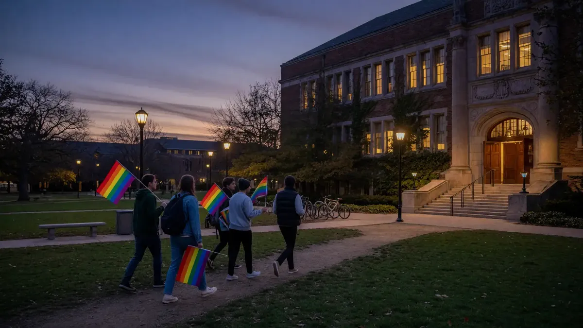 Campus lawn at dusk with a small pride flag march approaching a library entrance, no logos or readable signs
