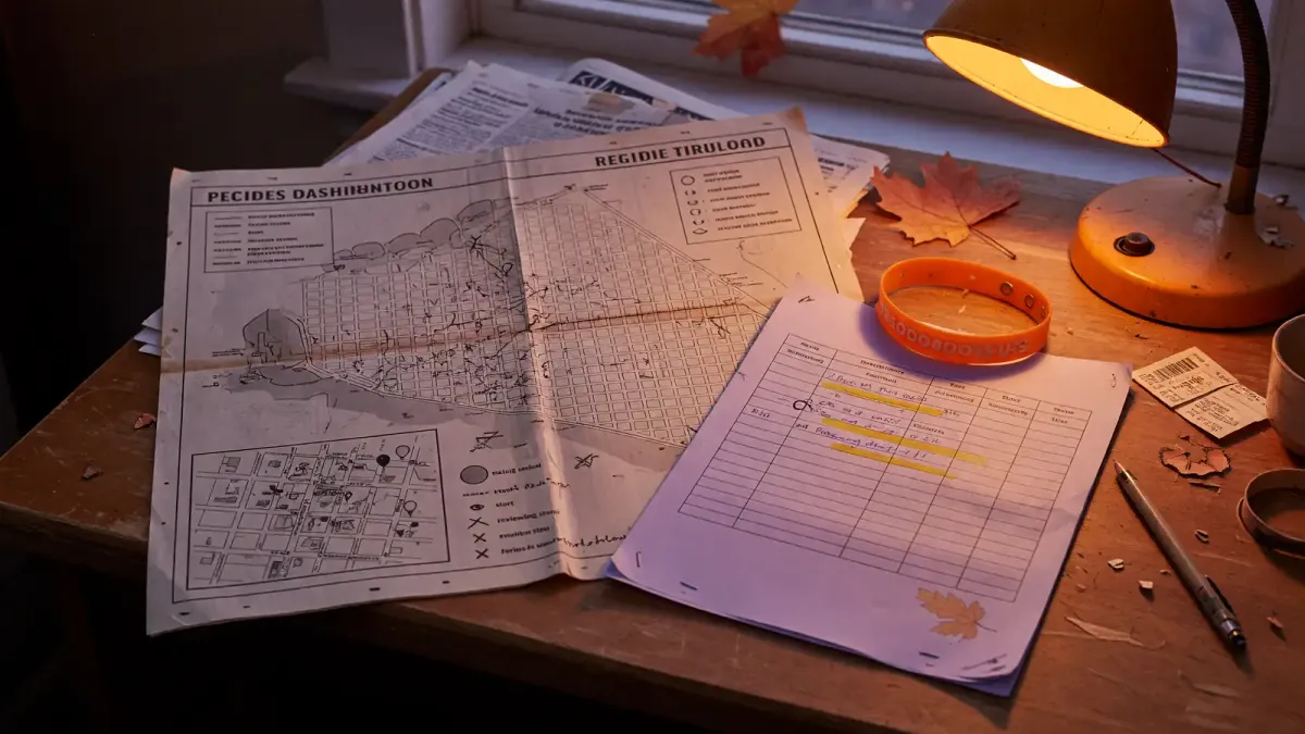 Printed downtown parade route map on a residence-hall desk next to a campus office hours sheet, lamp light, no logos