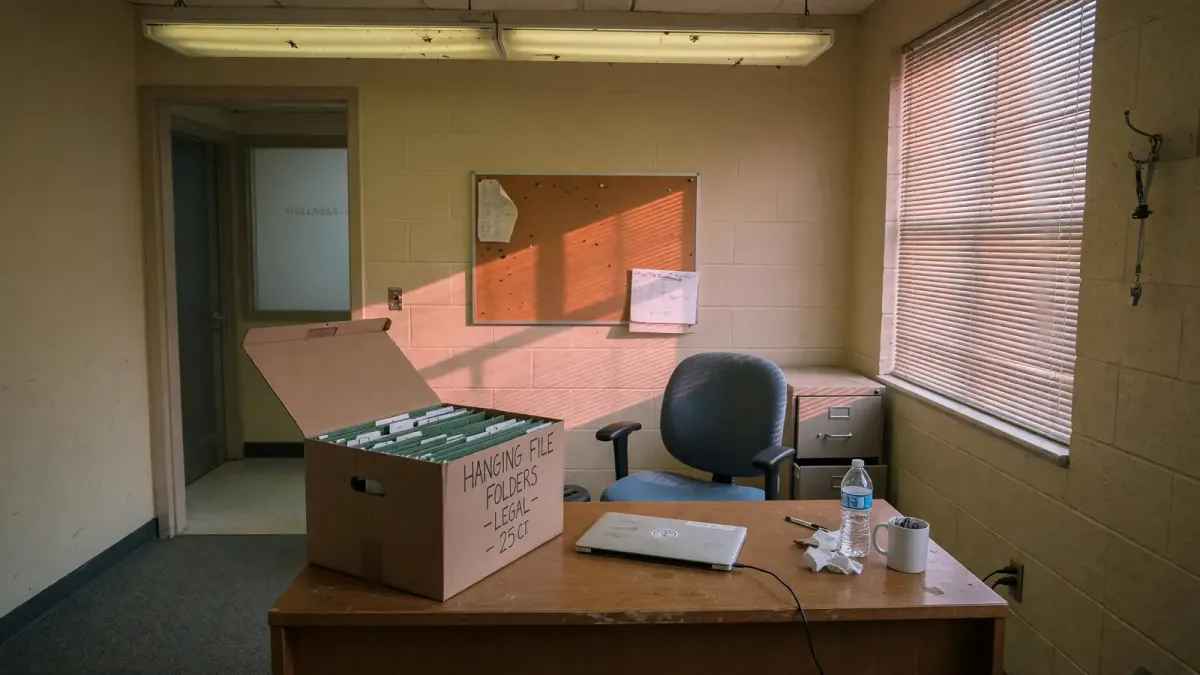 Empty office desk in a campus wellness center with a cardboard box of files and a closed laptop, late afternoon light through a window