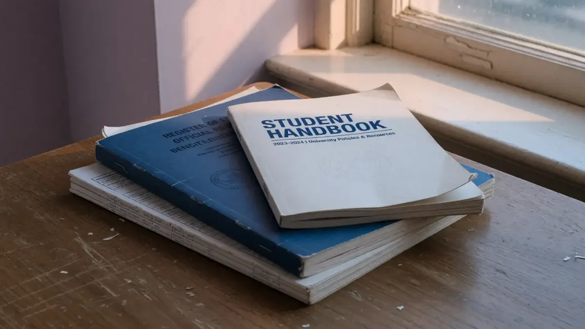 Printed Federal Register page and a campus student handbook on a table by a window, no readable names, late afternoon light