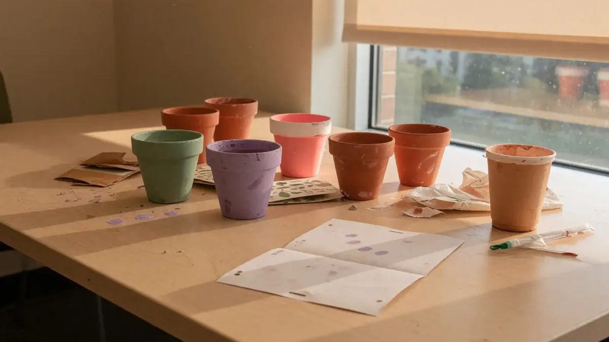 Campus table with painted terracotta pots, seed packets, and a printed 988 flyer, afternoon indoor light, no logos