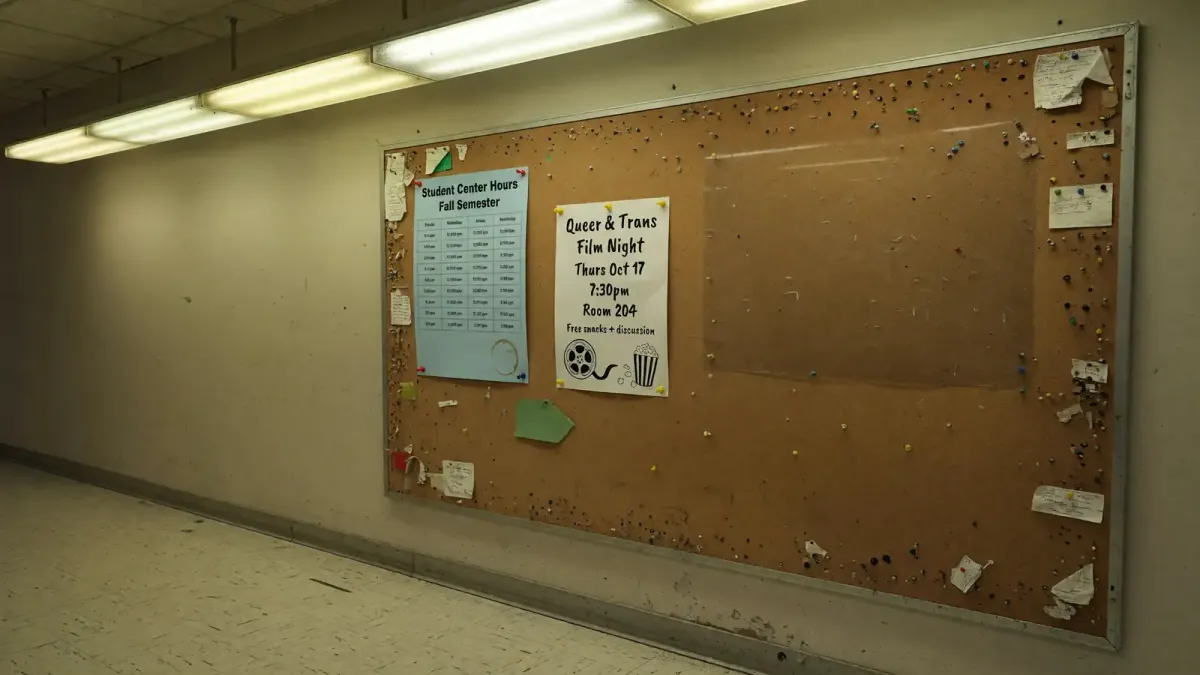Campus student-center hallway with a printed Resource Center hours sheet next to an LGBTQ History Month flyer, fluorescent light, no logos