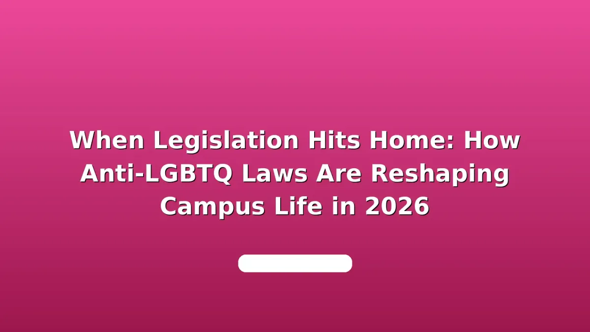 Students walking across a sunlit university campus with a rainbow flag visible on a dorm window