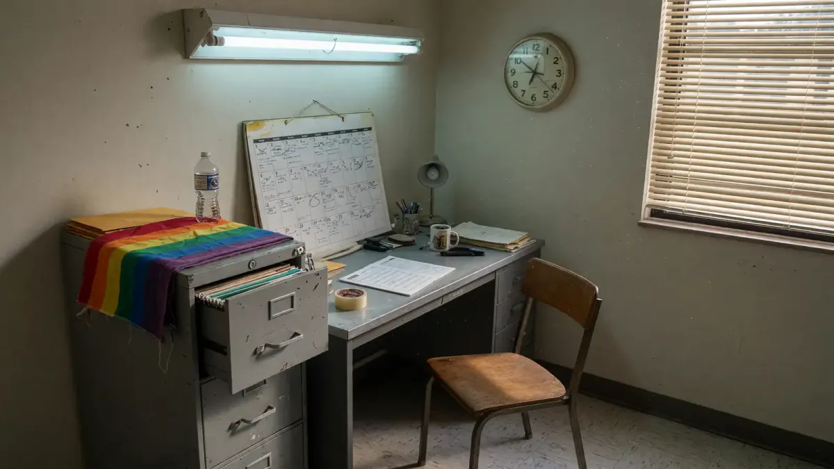 A small campus office with a pride flag on a filing cabinet, a wall clock, and an empty waiting chair, afternoon fluorescent light, no logos