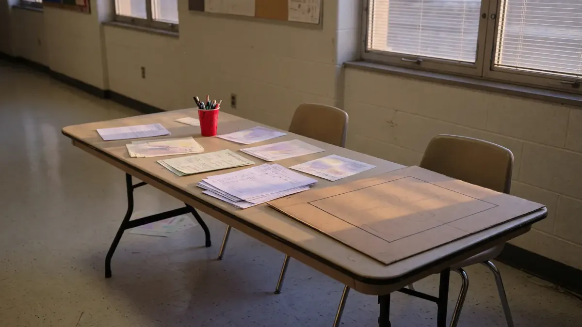 Campus hallway table with printed flyers, a cardboard club sign, and a stack of signup sheets, late afternoon light, no logos