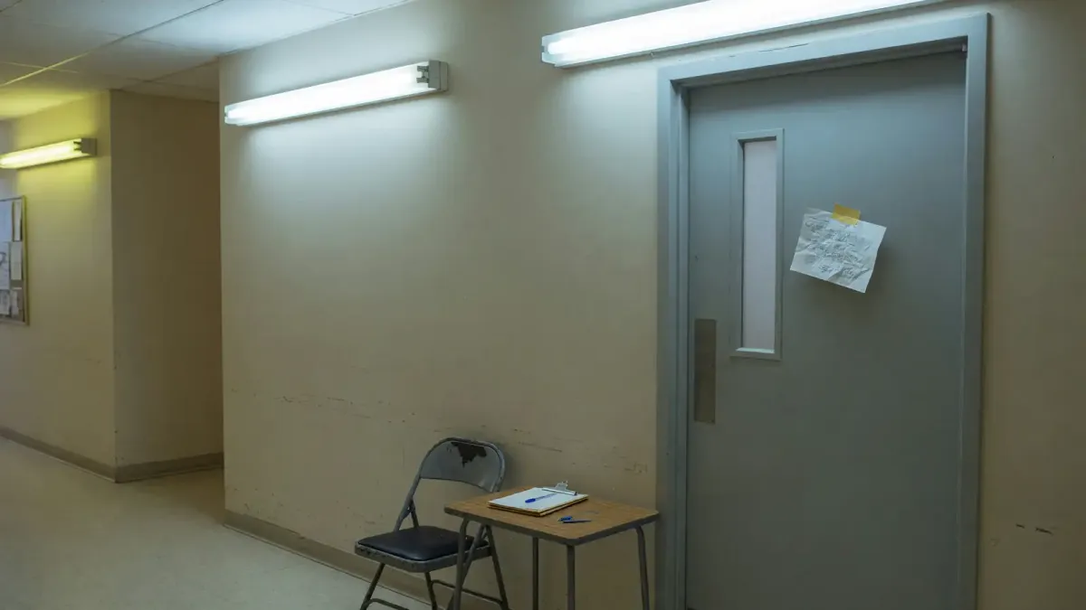 A campus counseling hallway with a closed office door, a paper waitlist on a clipboard, and an empty chair, fluorescent light, no logos