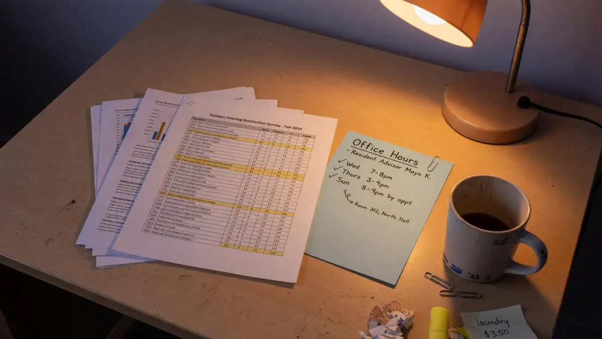 Printed CenterLink survey page on a campus desk next to a Pride Center hours sheet, lamp light, no logos