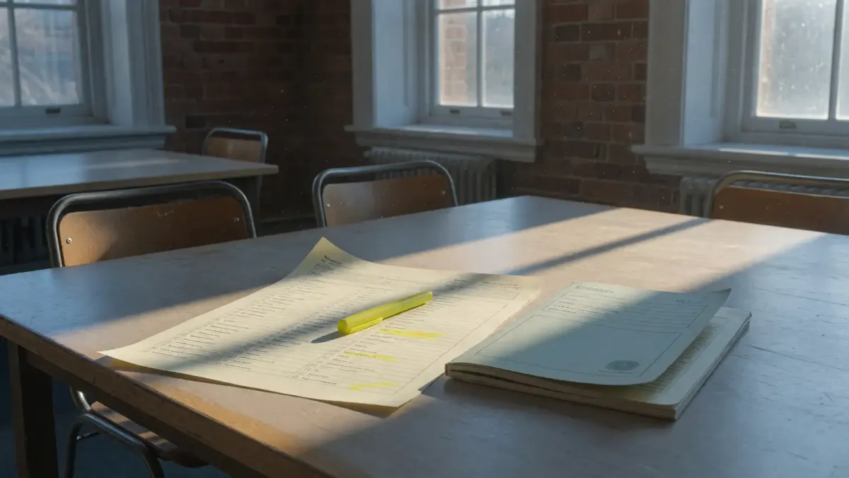 Printed degree-audit checklist on a campus table with a highlighter and a course booklet, morning window light, no logos