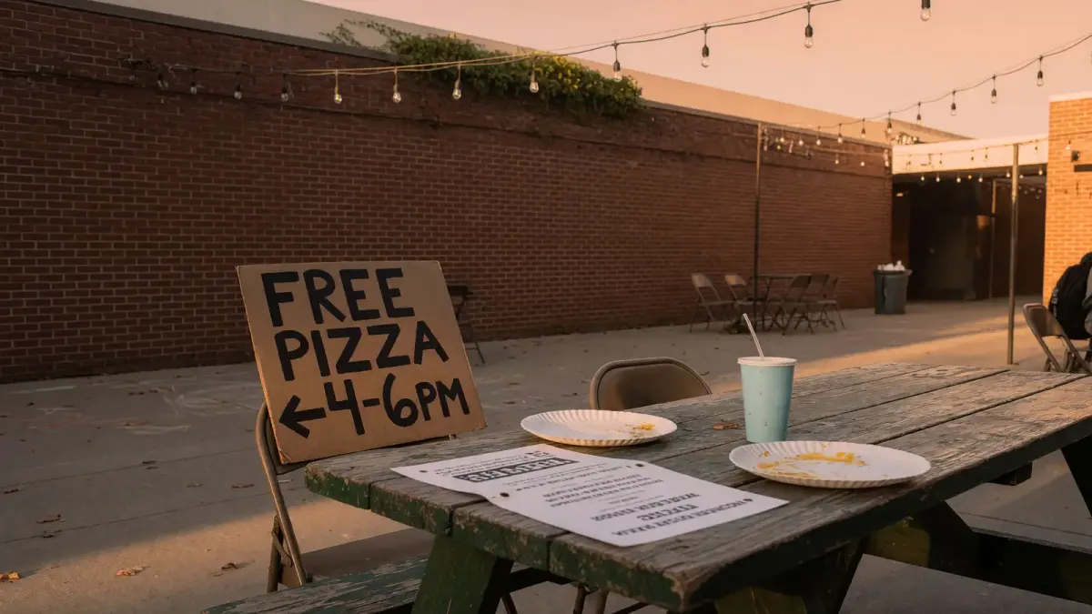 Campus patio picnic table with paper plates, a printed event flyer, and a cardboard resource-center sign, late afternoon, no logos
