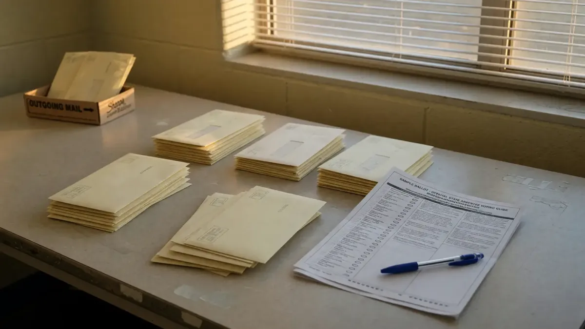 Campus mail table with unmarked absentee envelopes and a printed state sample ballot, afternoon indoor light, no logos