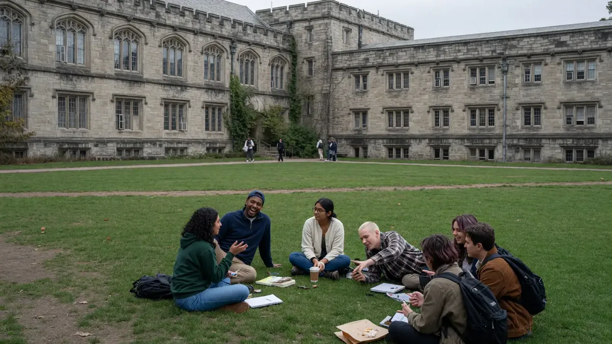 Students gathered on a college campus quad with signs and banners