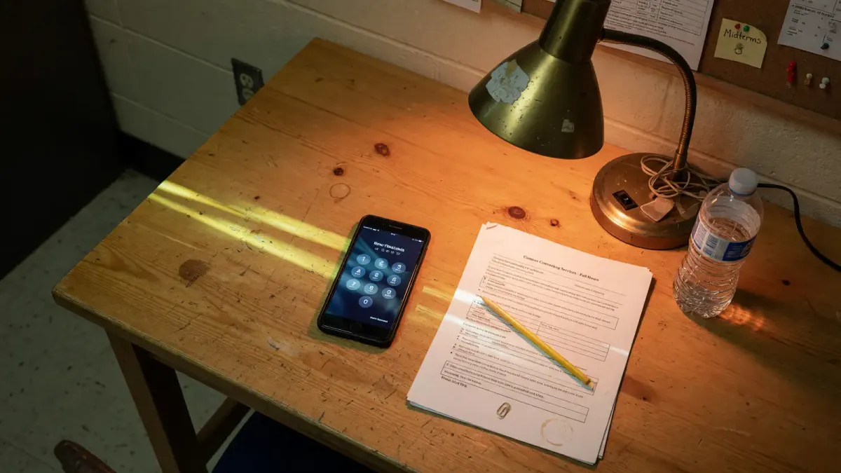 Phone lock screen showing a crisis line number next to a printed campus counseling hours sheet on a residence-hall desk, overhead lamp, no logos