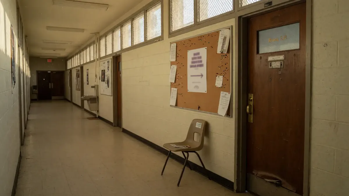 Campus hallway with a closed office door, a paper resource flyer on a bulletin board, late afternoon, no readable logos