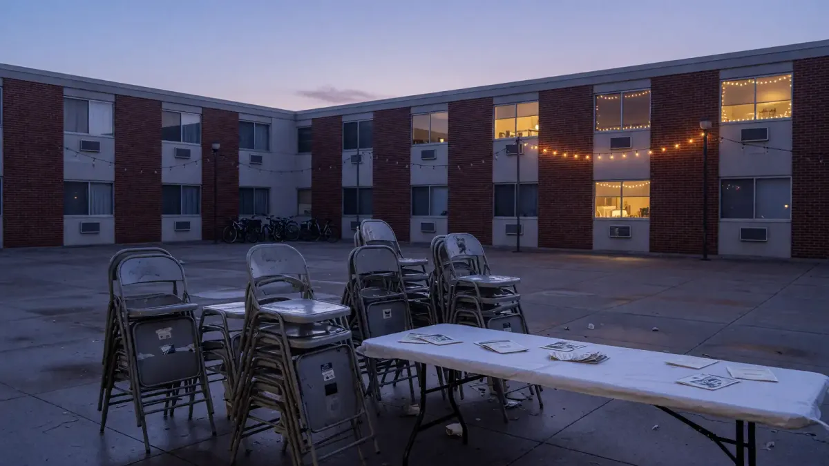 Outdoor campus piazza at dusk with stacked chairs, paper programs, and phone lights in a residence-hall window, no logos