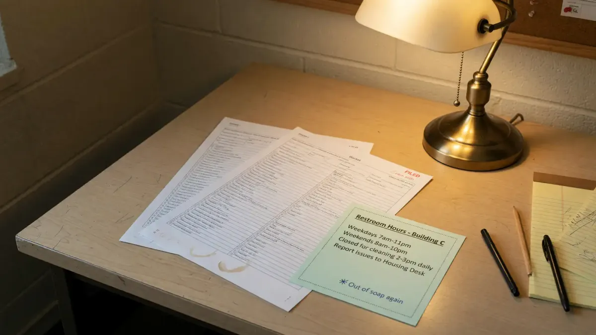 Printed Fourth Circuit docket page on a residence-hall desk next to a campus restroom hours sheet, lamp light, no logos