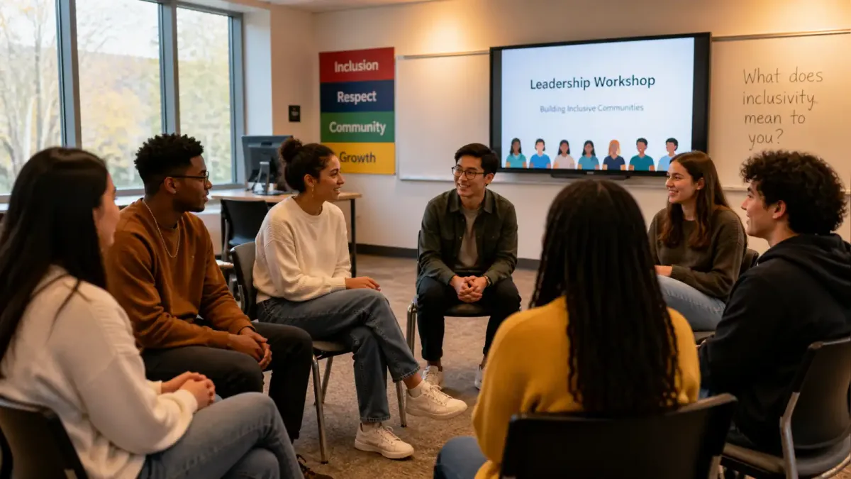 A diverse group of college students sitting in a circle during a workshop, engaged in discussion