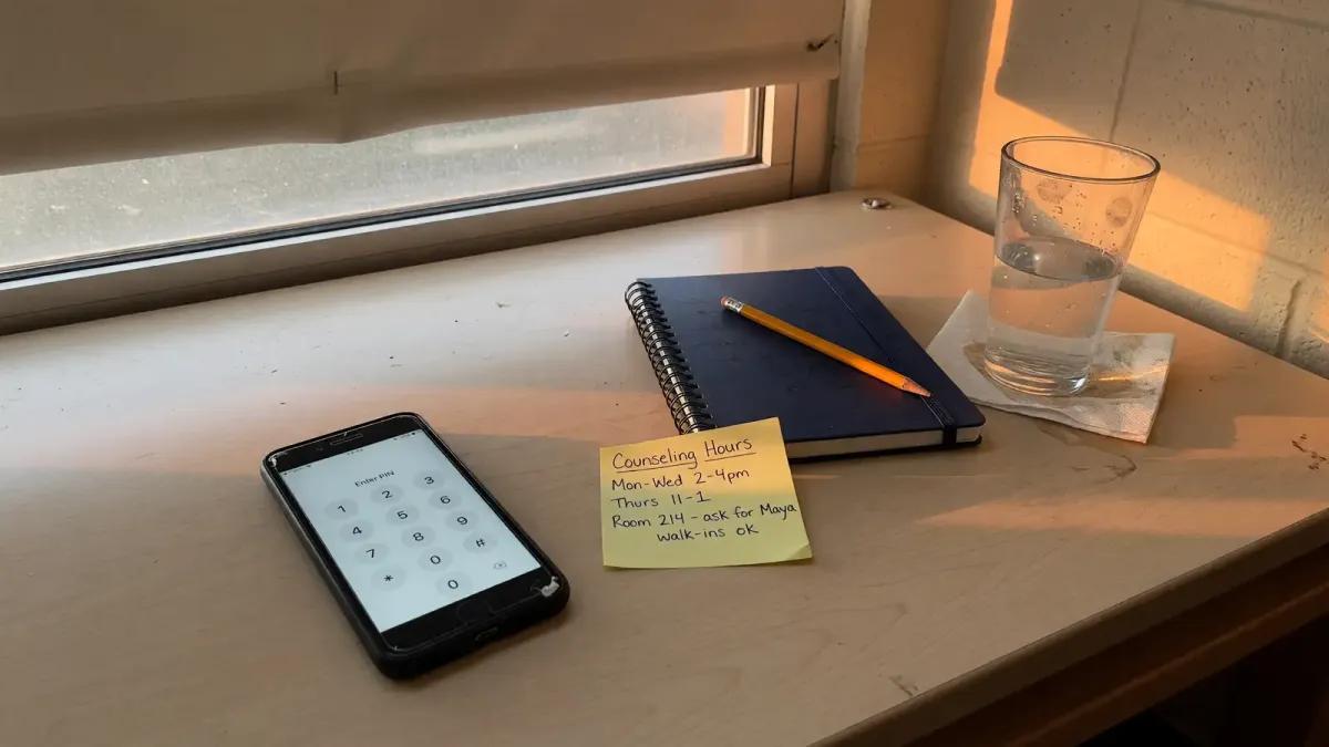 Mobile phone on a dorm desk showing a keypad with 988, a sticky note with campus counseling hours beside it, late afternoon light, no logos