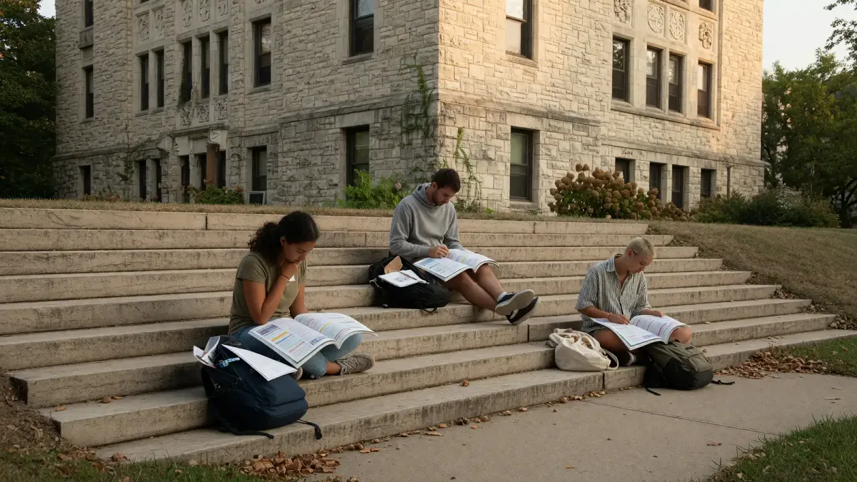 Students sitting on limestone steps outside a university building with backpacks and printed degree plans