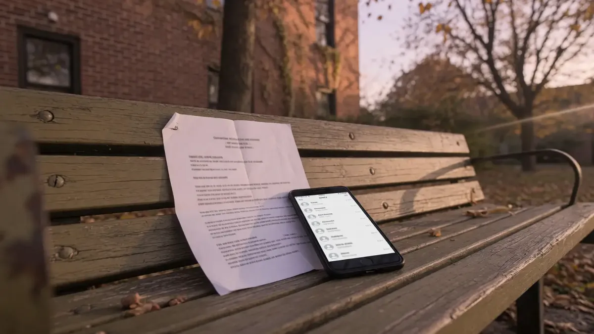 Campus quad bench at dusk with a phone showing a contacts screen, a paper counseling-center hours flyer on the bench, no logos