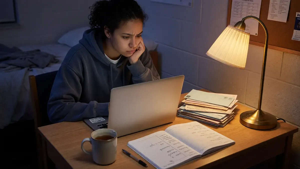 A student sitting at a desk with bills and a laptop, looking stressed