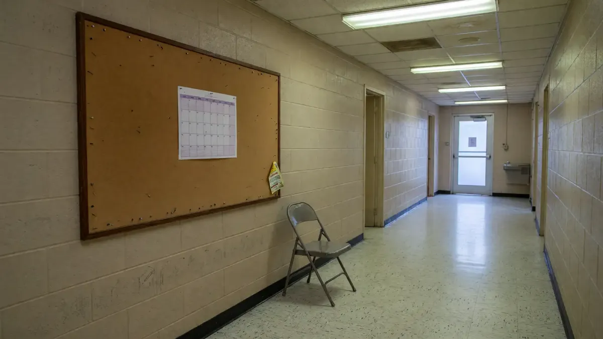 A campus student-center hallway with a paper homecoming calendar on a bulletin board and an empty folding chair, afternoon fluorescent light, no logos