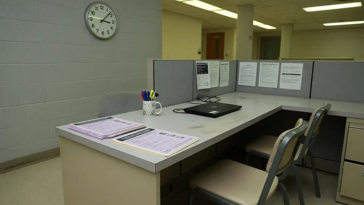 Campus civil-rights office counter with a printed reporting-options handout and a closed laptop, afternoon fluorescent light, no logos