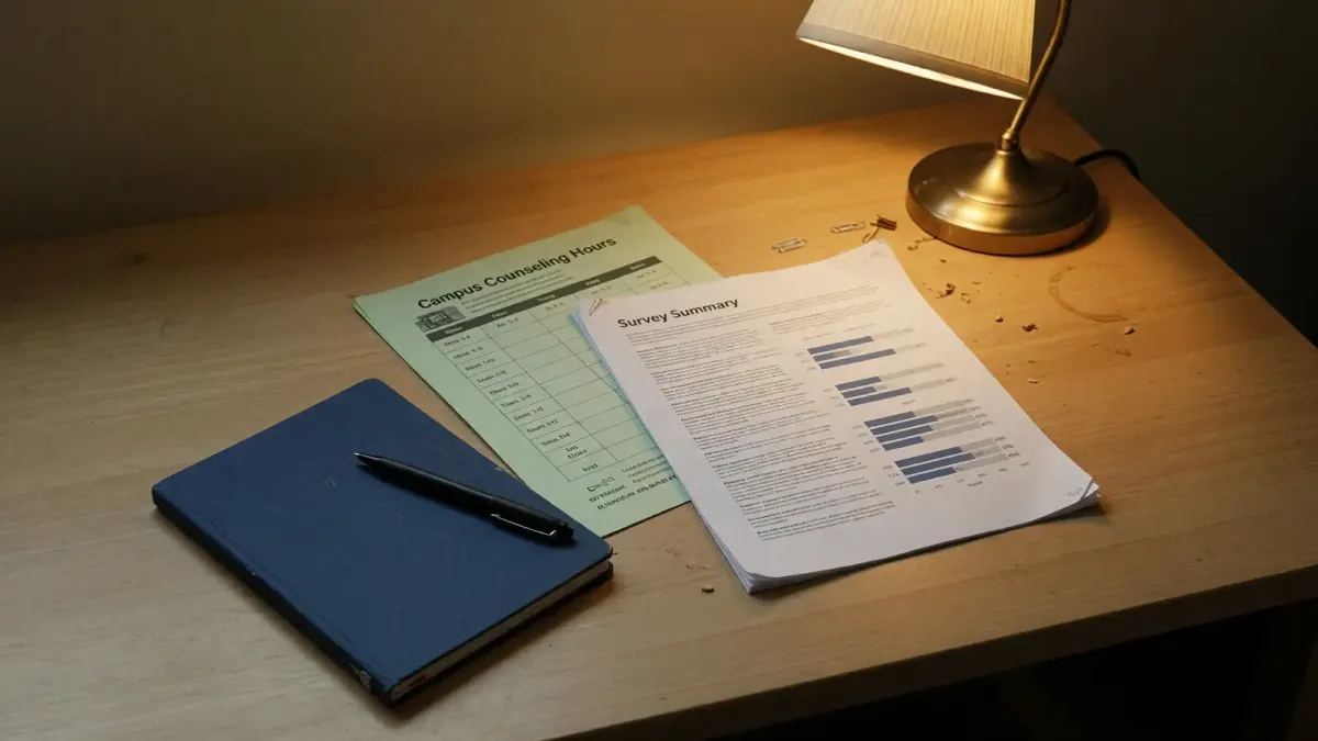 Printed Healthy Minds survey summary on a desk next to a campus counseling hours sheet, lamp light, no logos