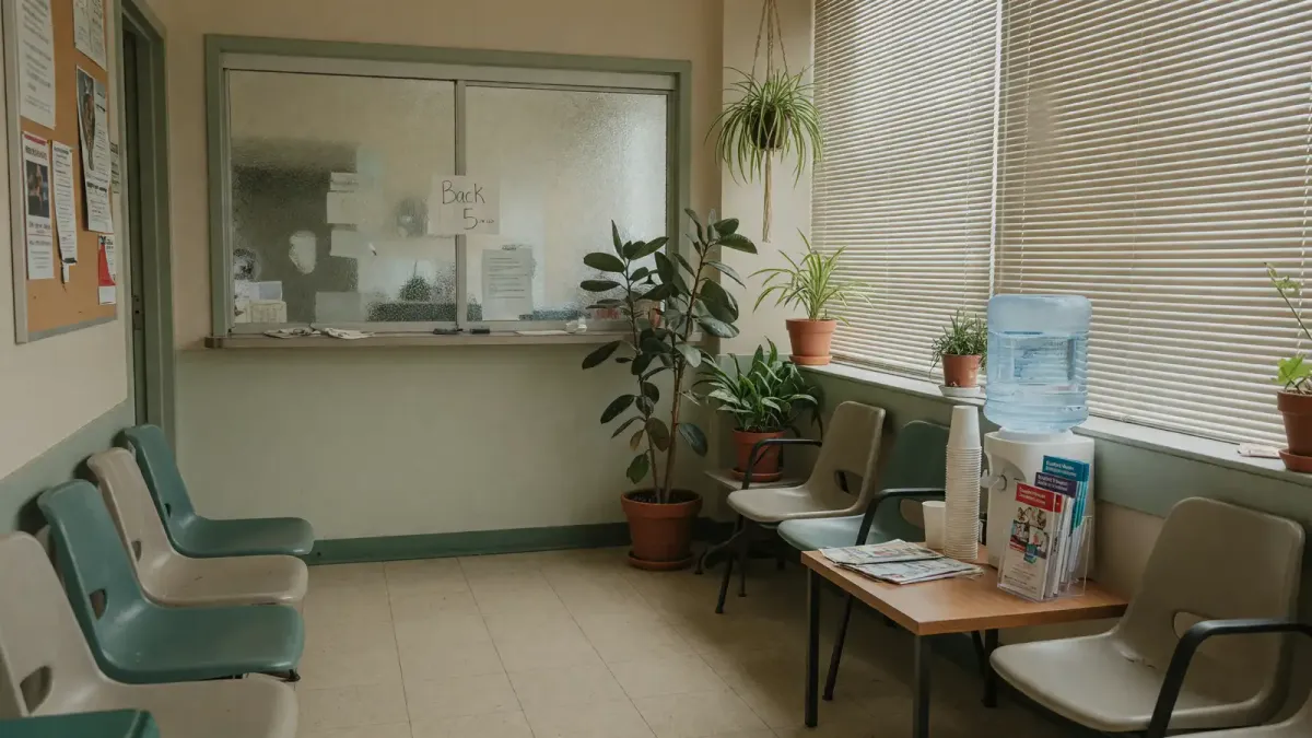 A student health center waiting room with insurance pamphlets on a side table and late-summer light through the windows