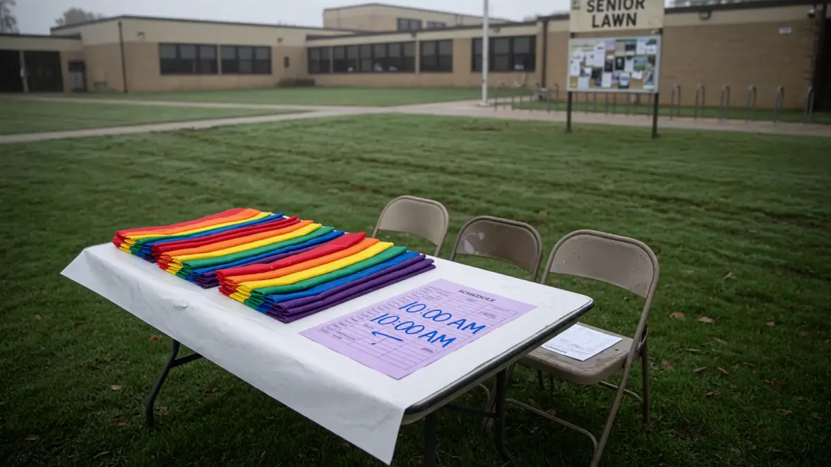 High school front lawn with folded Pride flags on a folding table and a printed walkout time, morning overcast light, no logos