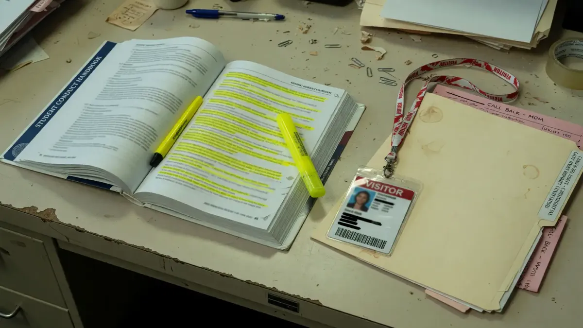 Campus policy desk with a printed student-conduct handbook, a highlighter, and a visitor badge, afternoon fluorescent light, no logos