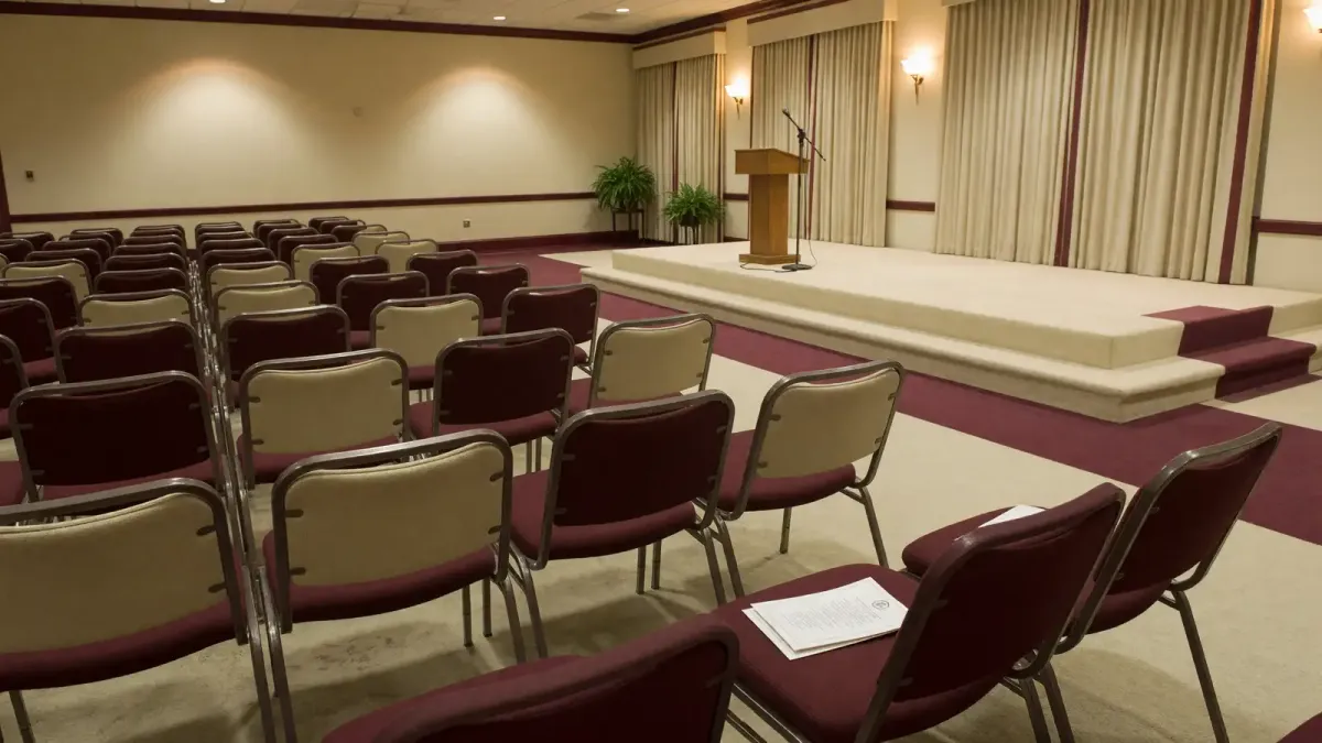 Empty university ballroom chairs facing a small stage with a paper program on a seat, house lights, no logos